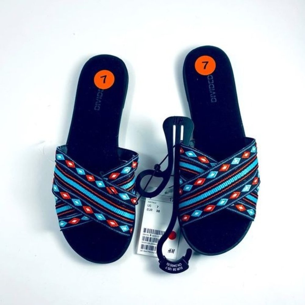H&M Divided Womens Black Flats, size 7, black, blue, and red. NWT!